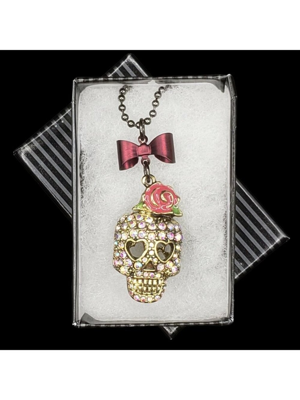 Halloween Rose Bow Skull Necklace with Gift Box Enamel Rhinestones Goth  v1